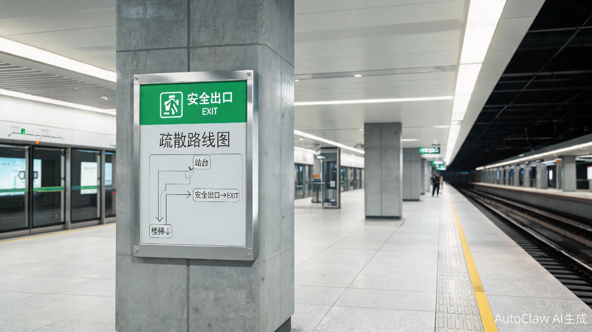 地铁站台安全出口指示与疏散路线标识效果图