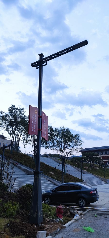 洛阳栾川伏牛山党校校区灯杆党建道旗实拍,红色旗面印金黄色党徽与白色竖排标语,通过抱箍固定在灯杆上