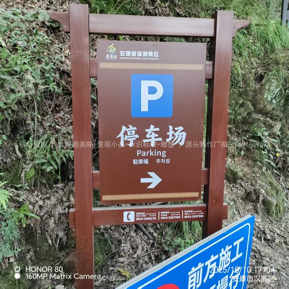 景区现场安装的立柱式停车场导向牌,棕色牌面含蓝色P标与中英日韩四语文字,立于山坡植被旁